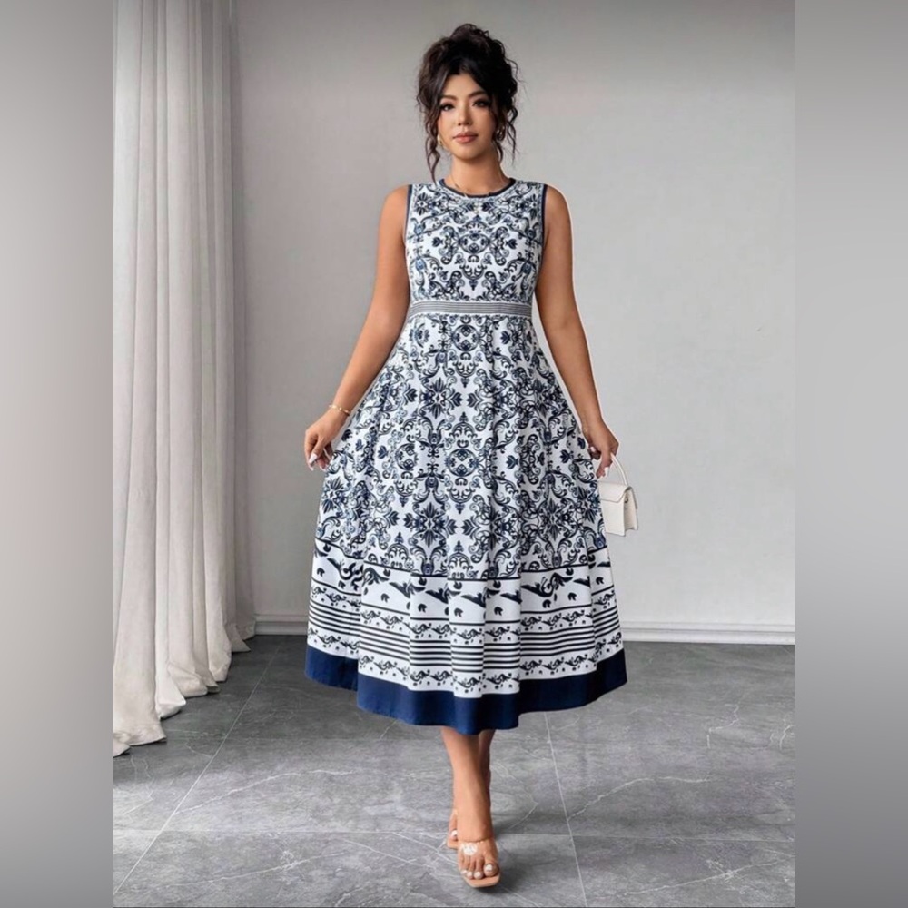 Sleeveless Navy and White Printed Midi Dress with Fitted Waist